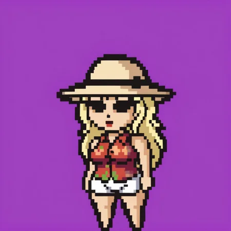 <lora:lisathepointless-v5.4_:1> by lisathepointless, purple background, solo, 1girl, chibi, hawaiian shirt, sun visor hat, breasts, dire, direpony, long hair, blonde hair, black eyes, white short shorts, wide hips, big butt, standing,