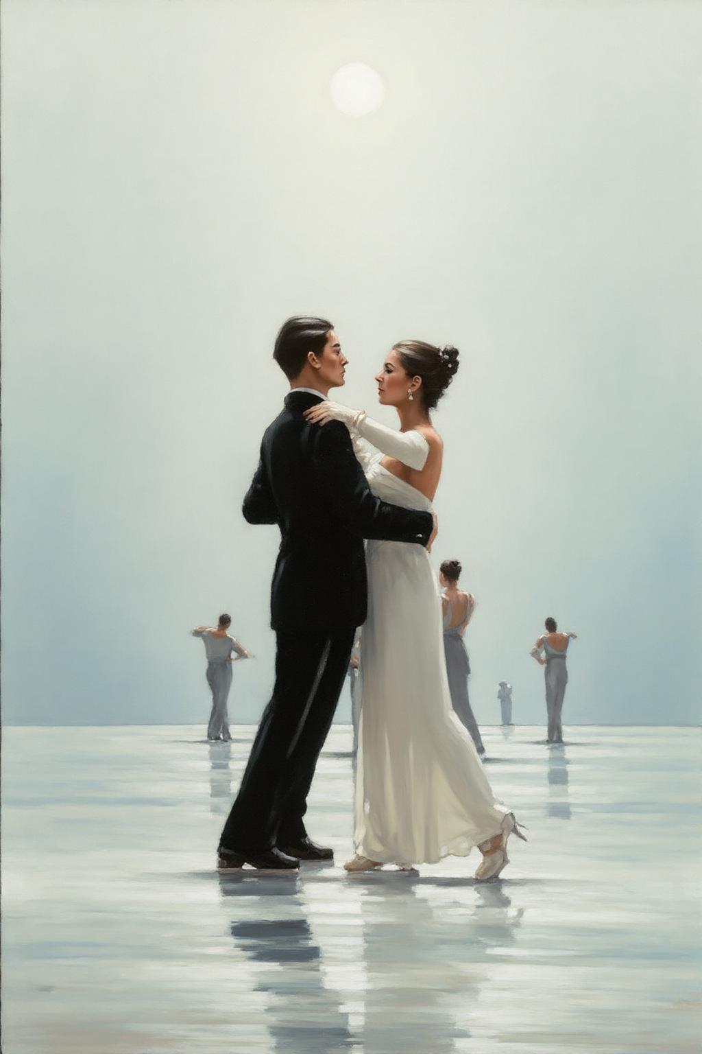 jackvettriano1 painting. 
A couple, dressed formally, are dancing closely on a wet surface. The man, his back to the viewer, is in a black suit. The woman, shown in side profile, is in a white gown with long sleeves. There are several other dancers in the background, including a woman in a grey dress. A misty background surrounds the scene. There is a pale sun in the sky. <lora:jackvettriano1_cap_d8a4e12:1.0><lora:851745211456431681:0>