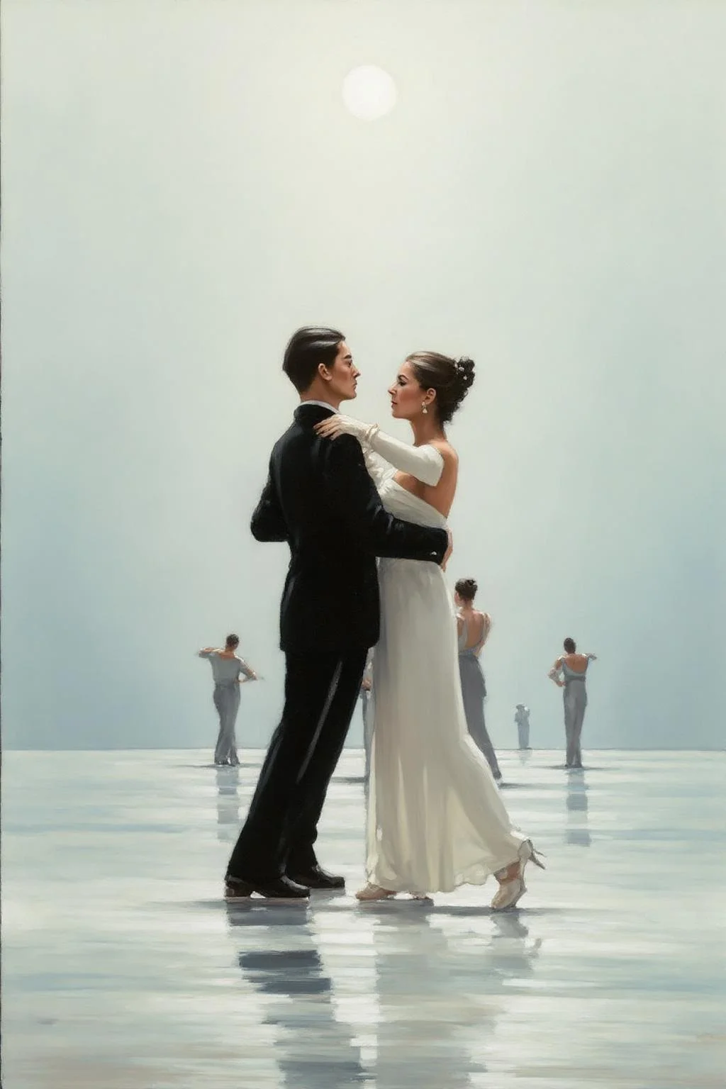 jackvettriano1 painting. 
A couple, dressed formally, are dancing closely on a wet surface. The man, his back to the viewer, is in a black suit. The woman, shown in side profile, is in a white gown with long sleeves. There are several other dancers in the background, including a woman in a grey dress. A misty background surrounds the scene. There is a pale sun in the sky. <lora:jackvettriano1_cap_d8a4e12:1.0><lora:851745211456431681:0>