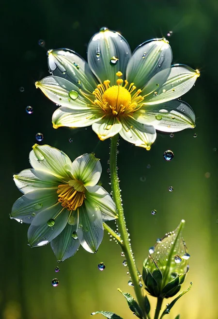 Kim Soo-ja, Realistic, Glass-flowered Dewdrops, Transparent Glass-flowered, Transparent Glass-flowered, Realistically Expressing Flowers, Sparkling Sunshine, One Flower symbolizes breathtaking beauty, Centered in Perfect Composition, Complex Details Showing Unique and Enchanting Elements, Very Detailed Digital Painting, Golden Ratio, Dramatic Lighting, Very Realistic, by Sooja<lora:xl_more_art-full_v1:0.5>