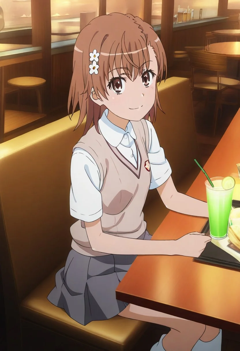 masterpiece, best quality, absurdres, highres, intricate details, very aesthetic, on-model, accurate art style, anime screencap, anime coloring, show accurate, cartoon screencap, movie accurate, official screencap, style parody, flat colors, official art, proper proportions, extremely detailed, newest, 2024, BREAK, 1girl, misaka mikoto, short hair, brown hair, hair ornament, hair flower, school uniform, tokiwadai school uniform, white shirt, brown sweater vest, short sleeves, v-neck, skirt, white socks, loafers, brown loafers, shoes, BREAK, smile, sitting, looking at viewer, BREAK, detailed background, indoors, restaurant, booth, table, cup, drinking straw, BREAK, cowboy shot, BREAK, vibrant colors, cinematic lighting, 75% soft lighting, 25% dark lighting