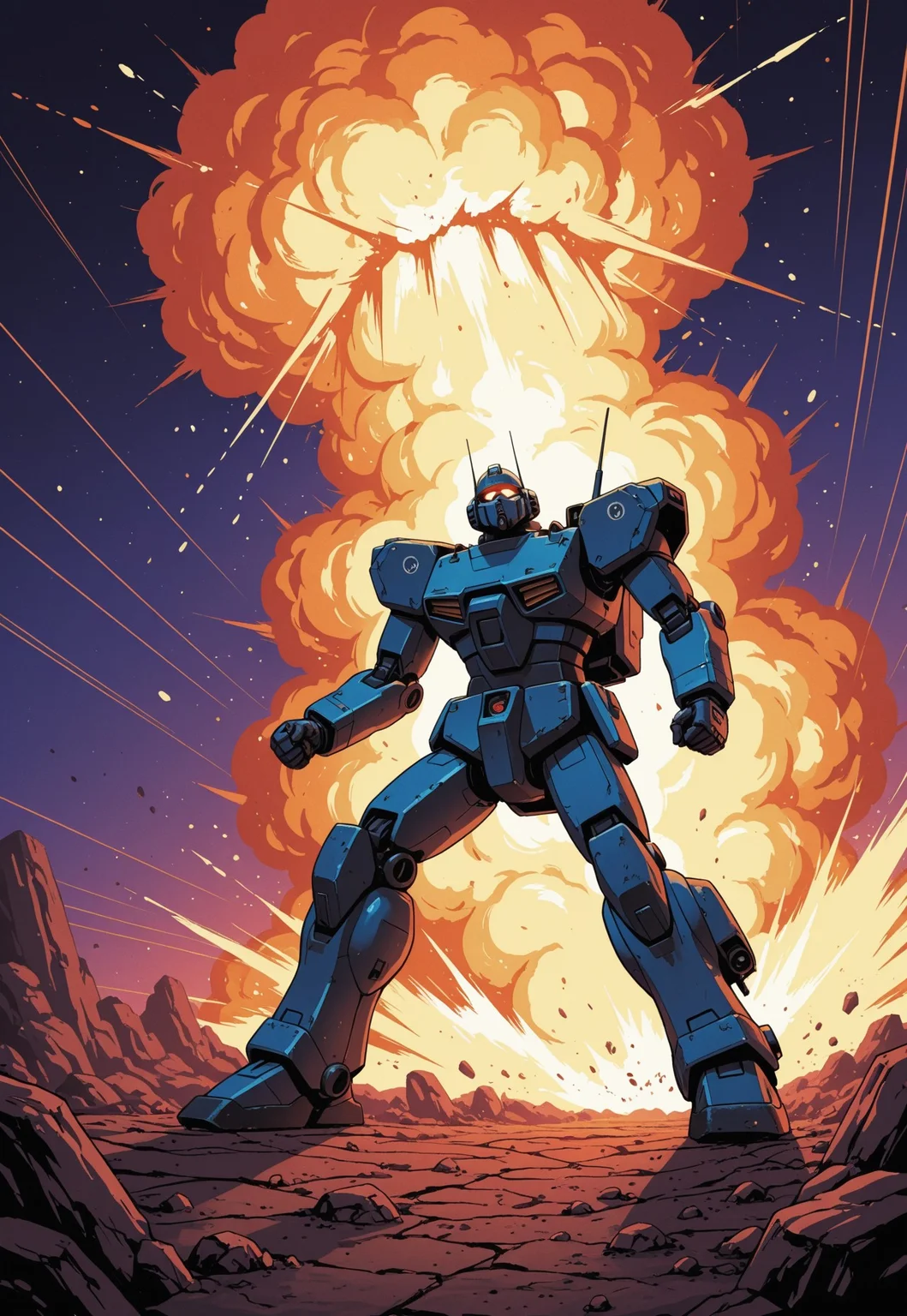 Retro comic book artstyle. A violent clash erupts between heavily armed futuristic soldiers and mechs, converging toward a central explosion. The frame is dynamic, radiating lines from the blast in kinetic comic panel style. Vibrant orange, purple, and blue gradients create dramatic energy. Art style: late 80s Japanese sci-fi manga, using rough ink linework and painterly airbrushed coloring for explosive movement and atmosphere, worked in with nostalgic anime halftone texture.