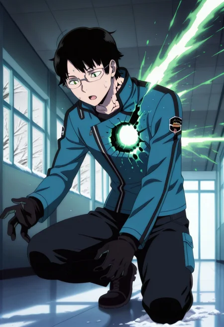 1boy, solo, anime screencap, worldtrigger, osamu, tamakoma 2nd uniform, blue jacket, glasses, disintegrate ray, body hole in chest, on one knee, :o, sweat, hallway, indoors, window, snow, speed lines, cracked skin, (emphasis lines), masterpiece, best quality, amazing quality,