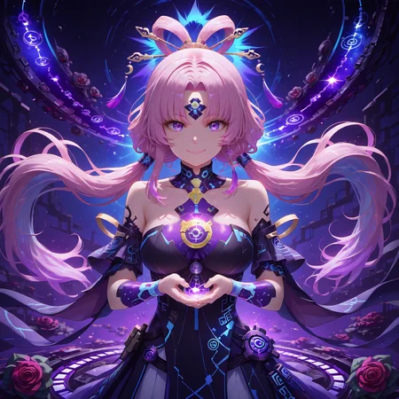 (masterpiece, best quality:1.4),highres,illustration,8k,(looking at viewer, collarbone),(hyper-detailed,digital painting,trending on ArtStation,shiny_eyes,sparkling_eyes, smile:1.2),
(HoYoverse style cinematic render 8K:1.4),[quantum-type character manipulating stellar rails],prismatic afterimages splitting into 6D superposition states,(neon-purple quantum decay effect:1.5),(pixelated spacetime fragmentation:1.3),(holographic starrail tracks piercing through celestial bodies:1.4),(glowing data-stream particles forming matrix grids:1.2),(floating QTE interface displaying quantum probabilities:1.1),(background warping into Penrose tiling patterns:1.2),(Stellaron radiation aura:1.4),(void archives code swirling around hands:1.1),(quantum entanglement ribbons connecting parallel selves:1.3),(ultraviolet-blue gradient energy core:1.5),dynamic pose with trail of collapsing wave functions,cyber-fantasy lighting with neon-noir contrasts,
Fuxuan,1girl,forehead jewel,white pantyhose,solo,pantyhose,pink hair,long hair,twintails,bare shoulders,hair ornament,low twintails,black footwear,detached sleeves,parted bangs,tassel,yellow eyes,dress,hair stick,bow-shaped hair,constellation print,very long hair,black dress,hair rings,tassel hair ornament,jewelry,
cleavage,large breasts,bouncing breasts,outdoors,<lora:aidmaImageUpgrader-v0.3-IL:0.6>,<lora:Fuxuan(IL):0.85>,