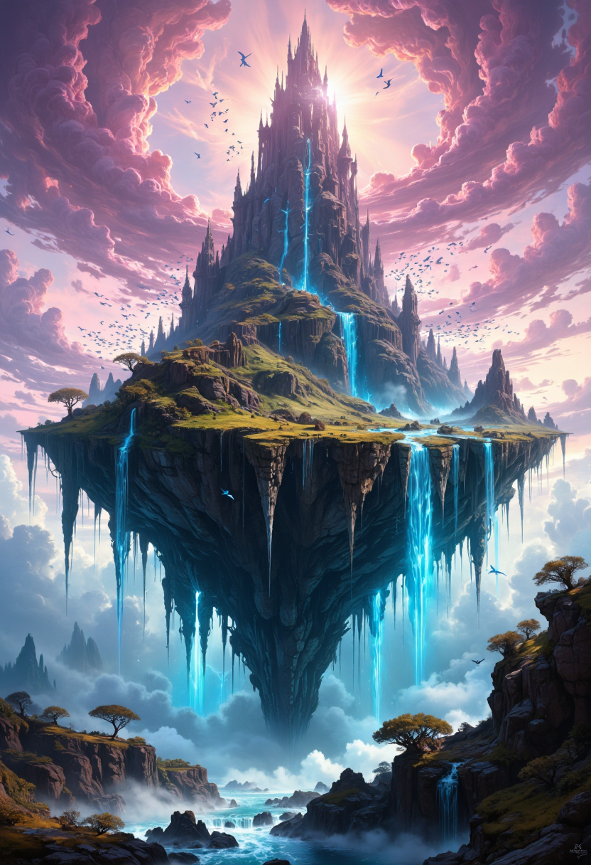 hyper realistic Surreal photograph of A floating island covered in ancient ruins, with waterfalls cascading from its edges, each waterfall transforming into flocks of birds as they fall into the mist below. The sky above the island is a swirl of pink and purple clouds, glowing with the last light of dusk,
bokeh, masterpiece,high quality, professional photography, film grain, hyper detailed, surreal,  <lora:flux_realism_lora:0.7> <lora:fluxenhancer:0.2> <lora:Aura_Flux:0.3> <lora:artilands:0.8>