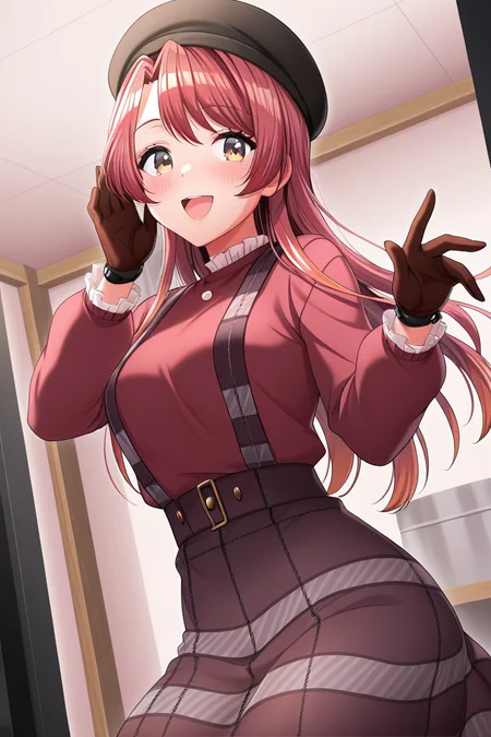 masterpiece, best quality, amazing quality,
 <lora:Haruna_IL:1> haruna, 1girl, solo, skirt, gloves, hat, long hair, smile, beret, shirt, long sleeves, suspenders, blush, yellow eyes, black headwear, red hair, :d, casual