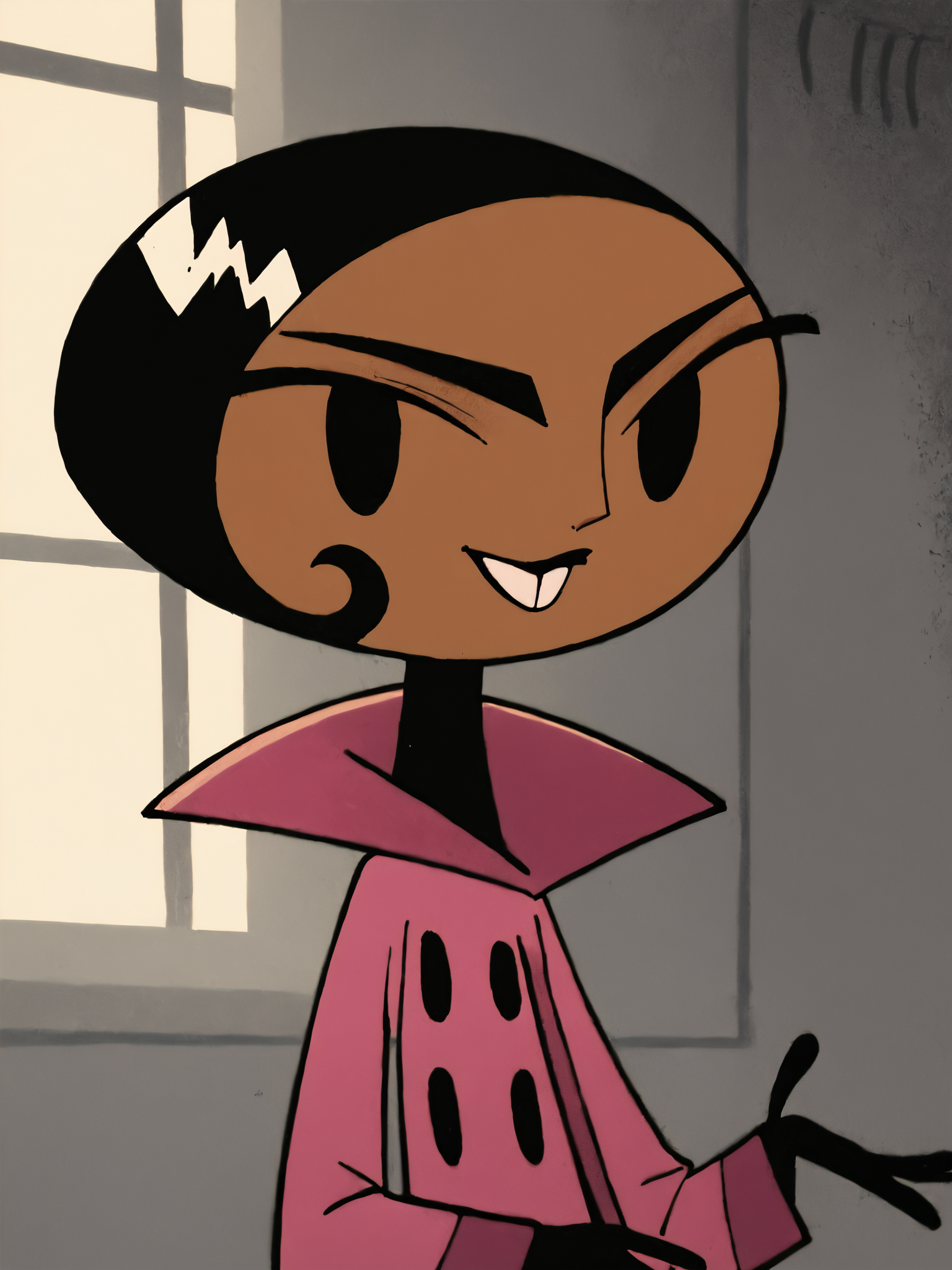 <lora:BritPony1.3:1> brit, solo, 1girl, black hair, short hair, dark-skinned female, black eyes, pink jacket,black,black gloves, buttons,buck teeth,upper body,     score_9, score_8_up, score_7_up, score_6_up, score_5_up, score_4_up, smile, indoors, looking at viewer,