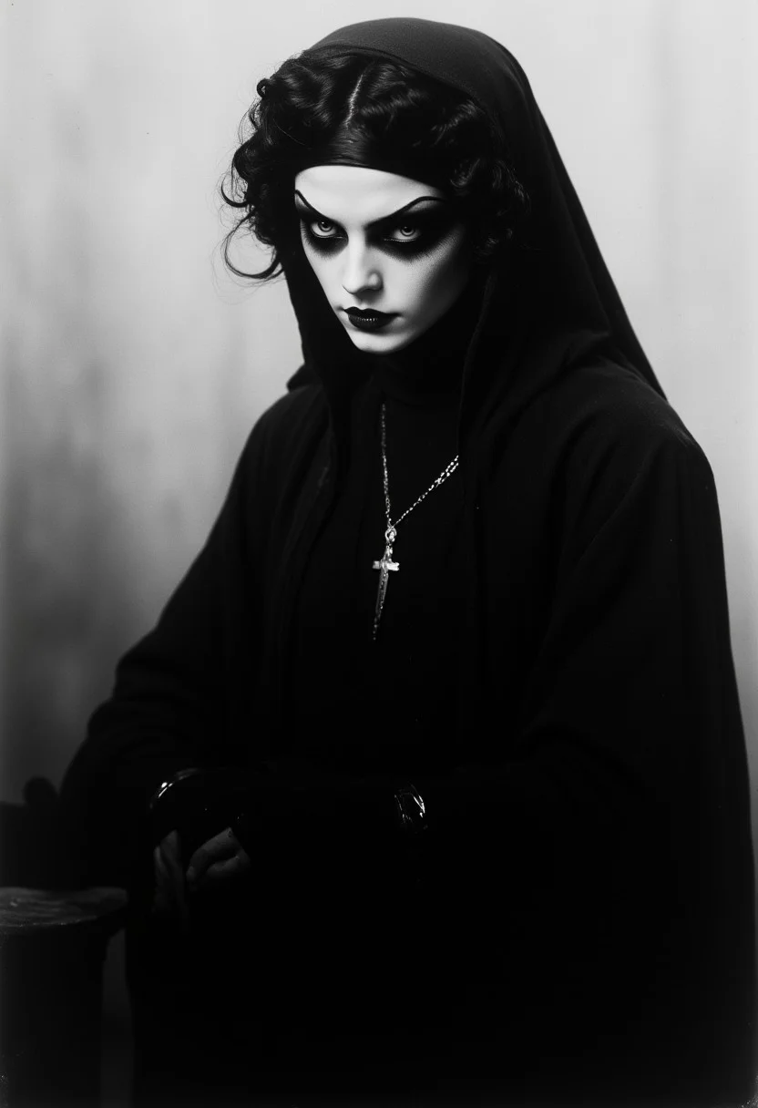 Black and white, scary nun, evil priestess, mythp0rt, ArsMovieStill, 20s Silent Movie Still
