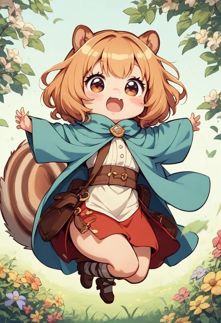 score_9, score_8_up, score_7_up, best quality, fine detail, cute, squirrel girl, chibi, jumping, :3, meadow full of flowers, grass