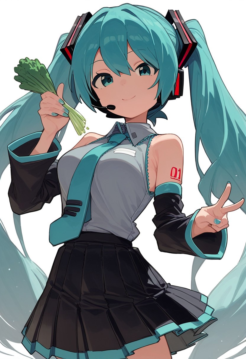 score_9,score_8_up, score_7_up,lativi, 1girl, solo, long hair, breasts, looking at viewer, smile, bangs, skirt, simple background, shirt, hair ornament, white background, holding, bare shoulders, twintails, very long hair, closed mouth, cowboy shot, pleated skirt, detached sleeves, food, necktie, sleeveless, collared shirt, miniskirt, black skirt, nail polish, aqua eyes, sleeveless shirt, v, aqua hair, headphones, holding food, grey shirt, cropped legs, headset, aqua nails, aqua necktie, spring onion, vegetable, holding vegetable, hatsune miku