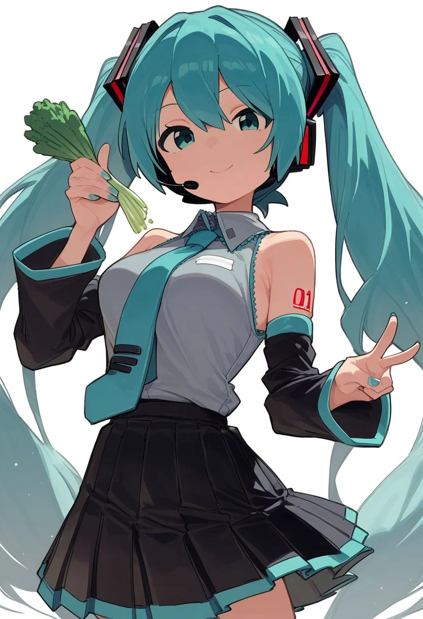 score_9,score_8_up, score_7_up,lativi, 1girl, solo, long hair, breasts, looking at viewer, smile, bangs, skirt, simple background, shirt, hair ornament, white background, holding, bare shoulders, twintails, very long hair, closed mouth, cowboy shot, pleated skirt, detached sleeves, food, necktie, sleeveless, collared shirt, miniskirt, black skirt, nail polish, aqua eyes, sleeveless shirt, v, aqua hair, headphones, holding food, grey shirt, cropped legs, headset, aqua nails, aqua necktie, spring onion, vegetable, holding vegetable, hatsune miku
