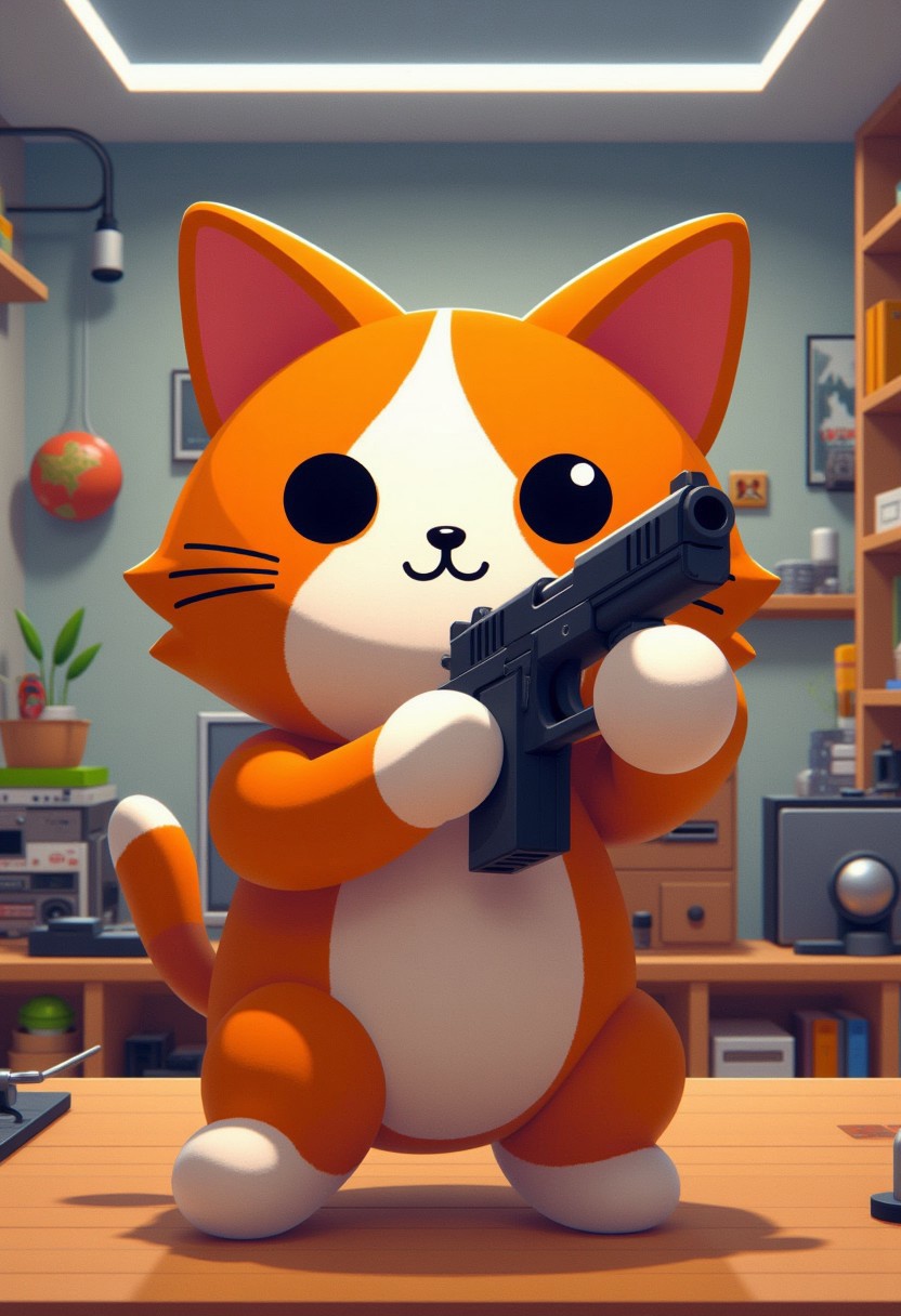 katamaristyle, a cat holding a gun and aiming it at the viewer. The cat has a :3 expression.
