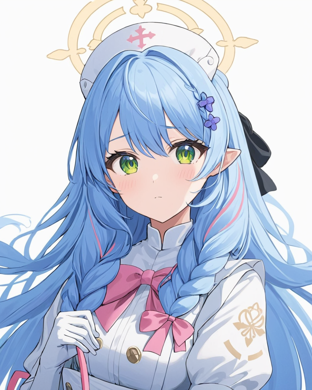 mine \(blue archive\),1girl, solo, looking at viewer, simple background, hair ornament, gloves, hat, white background, bow, holding, braid, hair bow, virtual youtuber, white gloves, white headwear, halo, portrait, nurse cap
<lora:Mine_image51_v1-000045:1>,halo,. gorgeous,key visual, vibrant, studio anime,award-winning, professional, highly detailed,high budget, cinemascope