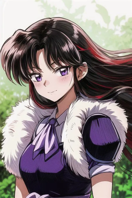masterpiece, best quality 1girl Setsun4 solo long hair, (night time) forest background black hair very long hair purple eyes multicolored hair armor (fur trim) (medium body),<lora:EMS-179-EMS:0.800000>,<lora:EMS-293862-EMS:0.800000> bow, hair_bow, hair_tubes, red_bow, brown_hair, long_hair, bangs, ascot, frilled_bow, yellow_ascot, blush, smile, hair_between_eyes, athletic, armor, miko