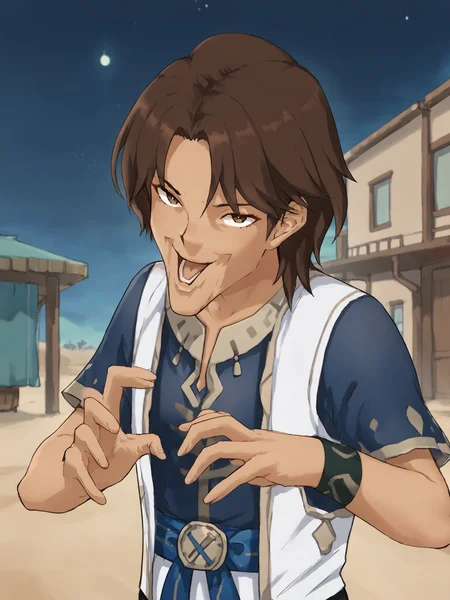 score_9, score_8_up, score_7_up, source_anime, BREAK
<lora:age_slider_v4:0>, (outdoors, desert town, night time, beautiful night sky:1.5), (upper body, closeup:1.5), BREAK
<lora:Genshin_NPC_NerminRaef_Pony_v1:0.8>, 1boy, graef, brown hair, brown eyes, short hair, parted bangs, (dark skin, very dark skin:1.5), green shirt, white vest, sash, (short sleeves:1.3), green sleeves, shoes, black pants, white footwear,, BREAK
<lora:Concept_Meme_Joey_Wheelers_Creepy_Chin_B:1>, Joey_Chin_B, open mouth, HANDS UP, OPEN HAND, solo,
