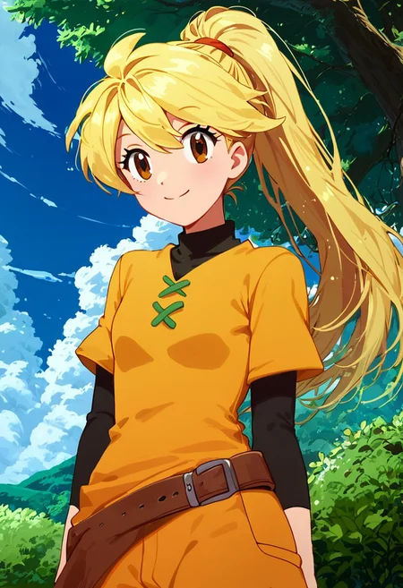 score_9, score_8_up, score_8, medium breasts, (curvy), cute, eyelashes,
BREAK,
,,,
zzYellow, brown eyes, blonde hair, long hair, ponytail, bangs, orange tunic, brown belt, pants
,,,
BREAK,
smile, looking at viewer, cowboy shot, outdoors, sunny day, sky, day, cloud, tree, blue sky, sunny,
Expressiveh,