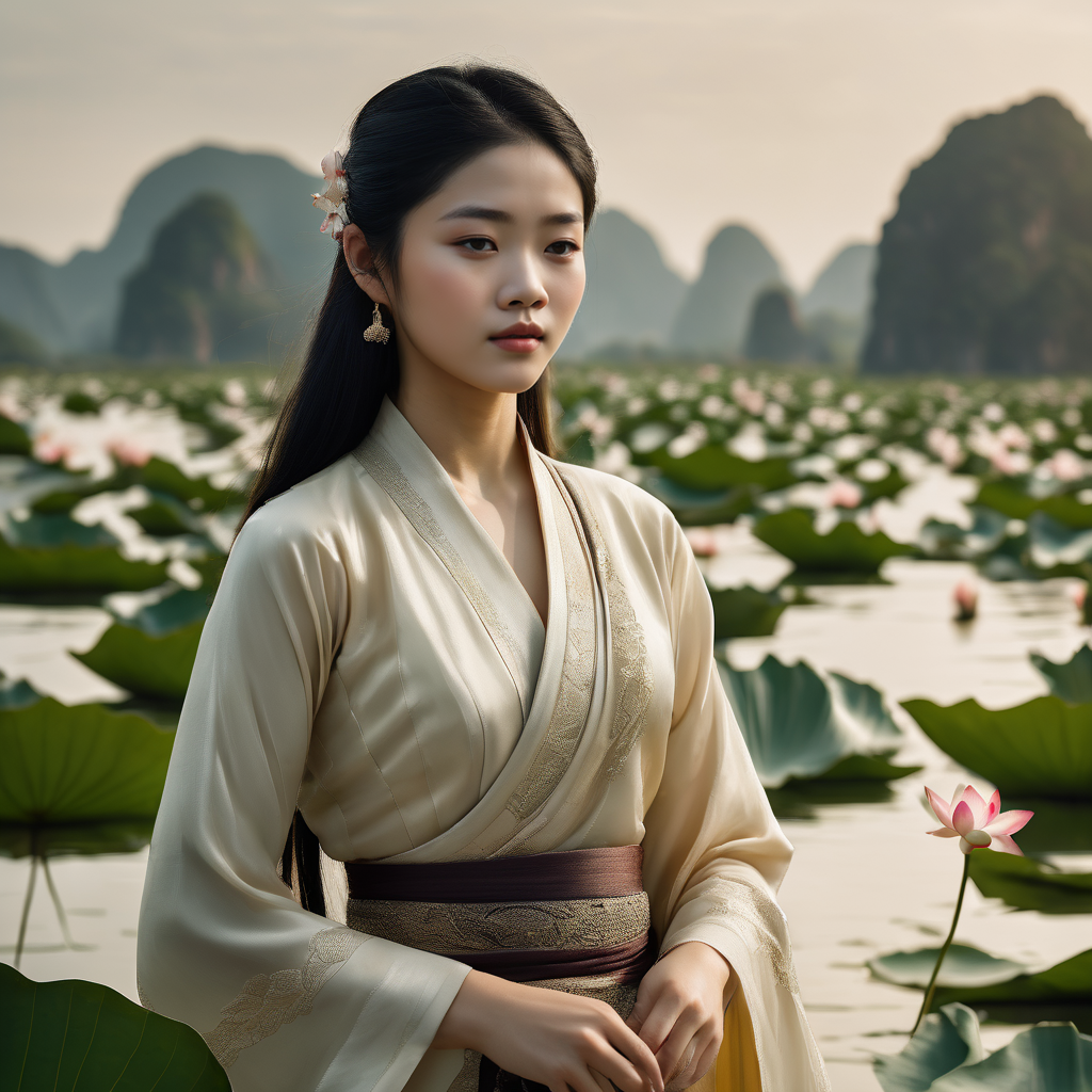 A stunning, hyper-realistic 4K portrait of a serene Vietnamese girl in a flowing silk áo dài, delicately holding a majestic lotus flower, her long hair and garments billowing in the gentle wind, with soft, warm lighting and intricate details.