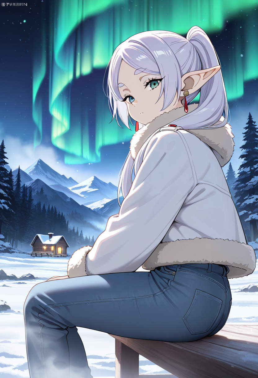 frieren, masterpiece, best quality, amazing quality, 1female, solo, adult, fur trimmed jacket, fog, snow, mountain, denim pants, sitting on deck, cabin, from side, night, forest, looking at viewer, particles, stars, aurora,