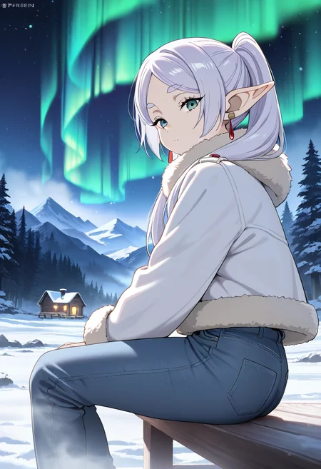 frieren, masterpiece, best quality, amazing quality, 1female, solo, adult, fur trimmed jacket, fog, snow, mountain, denim pants, sitting on deck, cabin, from side, night, forest, looking at viewer, particles, stars, aurora,