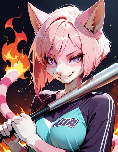 masterpiece, best quality, very aesthetic, absurdres,
upper body, holding baseball bat,
evil grin, fire,
<lora:CiviChan_v01_NAIXL:1>
CiviChan,1girl,solo,furry,furry female,cat girl,cat ears,short hair,pink hair,purple eyes,slit pupils,snout,animal nose,whiskers,body fur,striped tail,