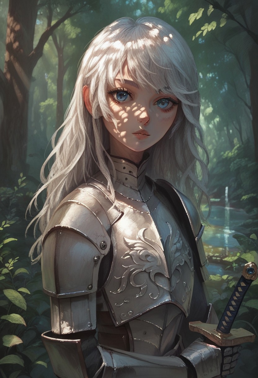 score_9, score_8_up, score_7_up, score_6_up, CRPST Style, detailed drawing, 1girl, beautiful, white hair, long hair, bangs, fair skin, old armor, sword, forest, dappled sunlight, upper body, looking at viewer, blue eyes, reflections