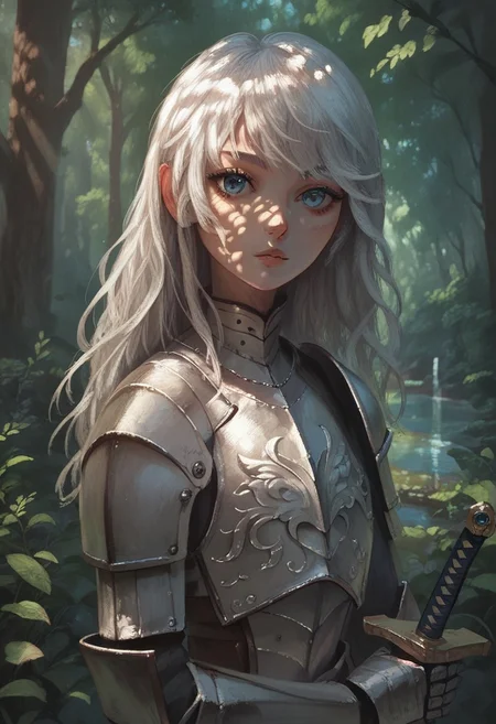 score_9, score_8_up, score_7_up, score_6_up, CRPST Style, detailed drawing, 1girl, beautiful, white hair, long hair, bangs, fair skin, old armor, sword, forest, dappled sunlight, upper body, looking at viewer, blue eyes, reflections