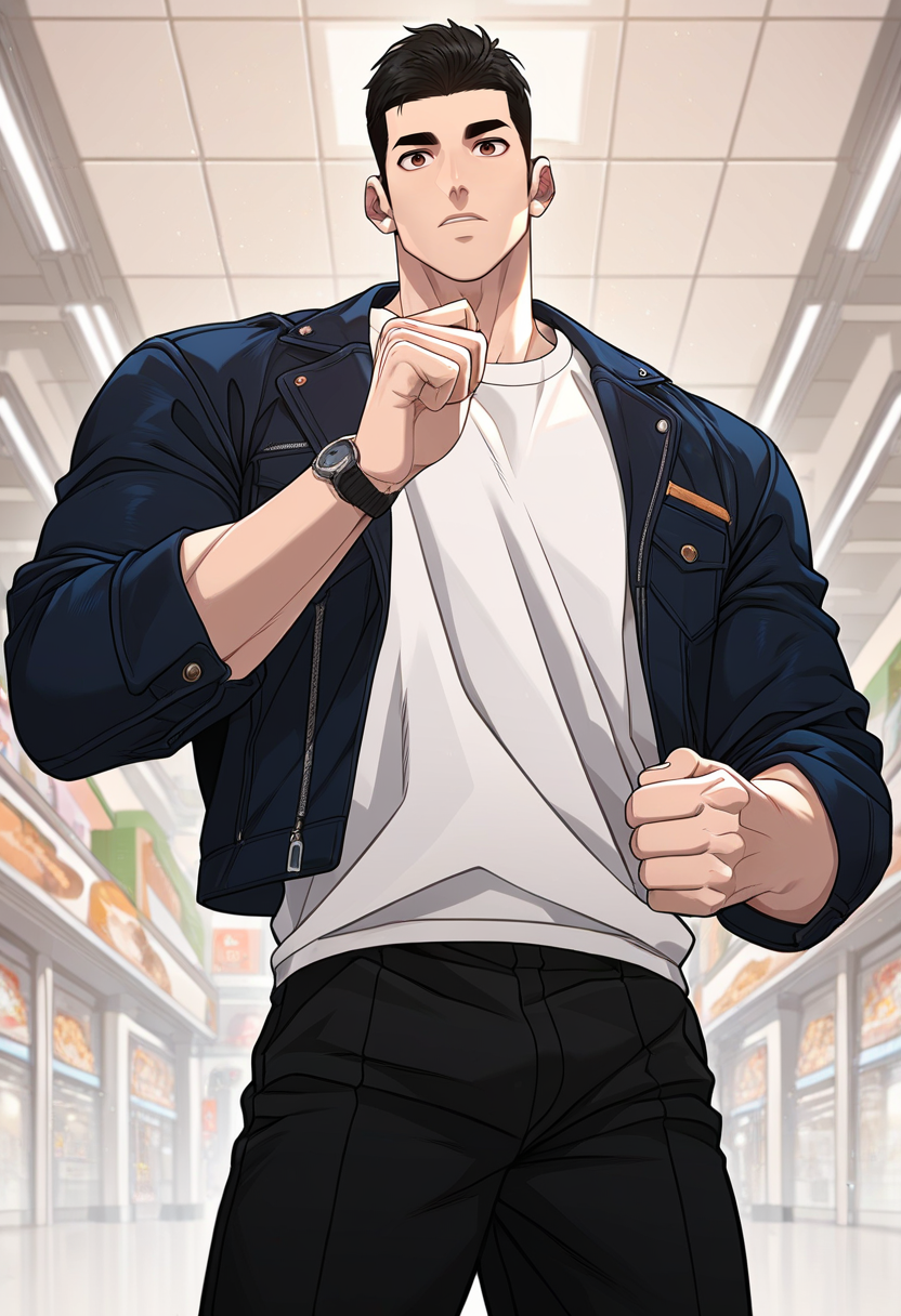 1boy, male focus, solo,
<lora:Character - Questism - Kang Sechan:1> kangsechan, black hair, brown eyes,
,((zPDXL)), score_9_up, score_8_up, score_7_up, score_6_up, score_5_up, score_4_up, best quality, amazing quality, best aesthetic, amazing aesthetic, absurdres, year2023, uncensored, very nsfw, official art, official style, detailed eye,
shoping mall,
 cowboy shot, black jacket, white shirt, black pants, wristwatch,