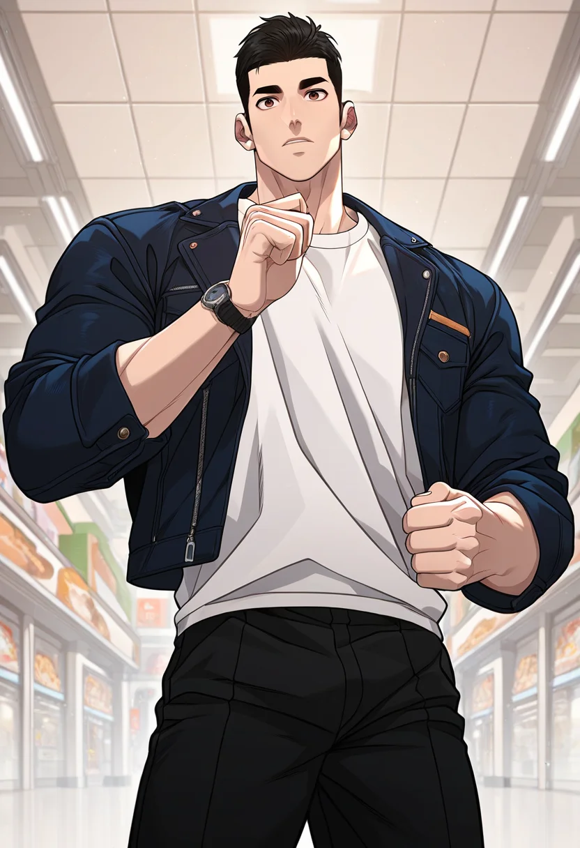 1boy, male focus, solo,
<lora:Character - Questism - Kang Sechan:1> kangsechan, black hair, brown eyes,
,((zPDXL)), score_9_up, score_8_up, score_7_up, score_6_up, score_5_up, score_4_up, best quality, amazing quality, best aesthetic, amazing aesthetic, absurdres, year2023, uncensored, very nsfw, official art, official style, detailed eye,
shoping mall,
cowboy shot, black jacket, white shirt, black pants, wristwatch,