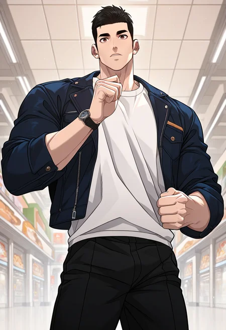 1boy, male focus, solo,
<lora:Character - Questism - Kang Sechan:1> kangsechan, black hair, brown eyes,
,((zPDXL)), score_9_up, score_8_up, score_7_up, score_6_up, score_5_up, score_4_up, best quality, amazing quality, best aesthetic, amazing aesthetic, absurdres, year2023, uncensored, very nsfw, official art, official style, detailed eye,
shoping mall,
cowboy shot, black jacket, white shirt, black pants, wristwatch,