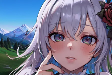 (masterpiece:1.4), 4K8K, (anime style), (high shutterspeed:1.4), (sharp edges),
SyFyEye1,
1woman hands togather, leaning foward, face focus,
wearing Celtic style dress, (Detailed face, Detailed eyes),
any colored roses, Alps in the background,