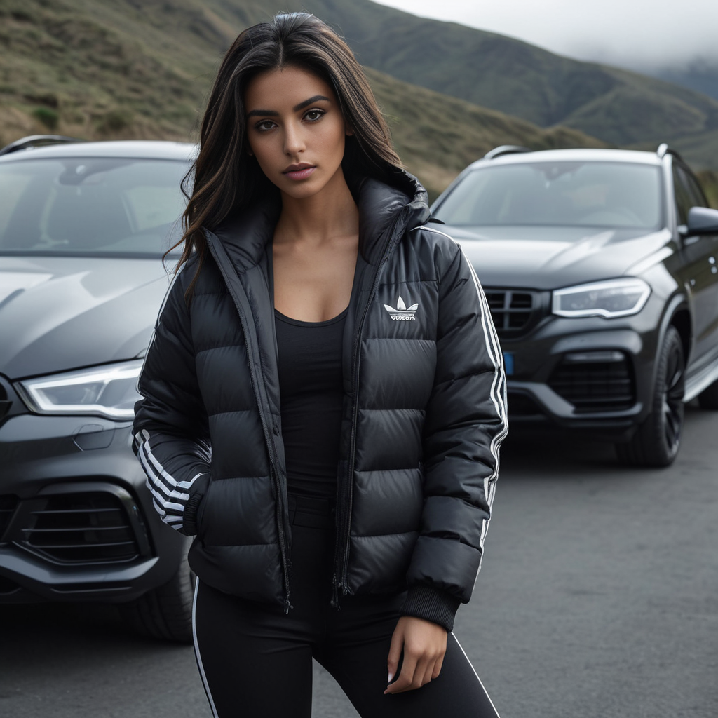 (dark cinematic still, dark vibes) sexy slim skinny one south american girls ,unique, wearing a hoodedblack adidas_puffer_jacket, unique hair styles, 8k uhd, dslr, high quality, photorealistic, realism, hyperrealism,  ((car scene)),
<lora:adidas_puffer_jacket_v1:0.3>