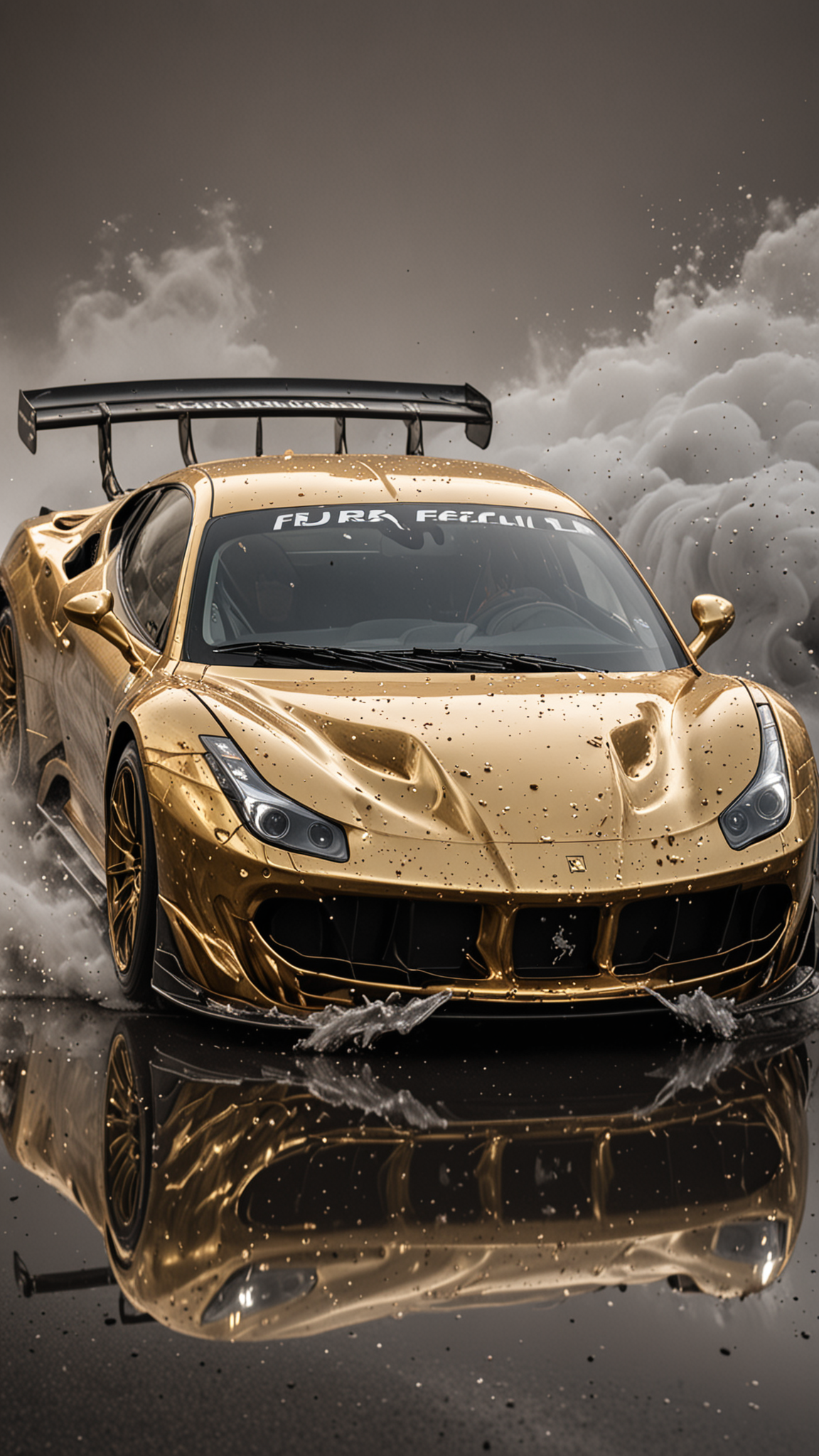 GOLD LIQUID METAL DTM Ferrari car, race car, racing through SILVER LIQUID METAL, liquid metal sprays up from the cars tyres, Car drifting in a black void, <lora:Liquid_Fluid_Metal_XL_-_By_DICE:0.4>