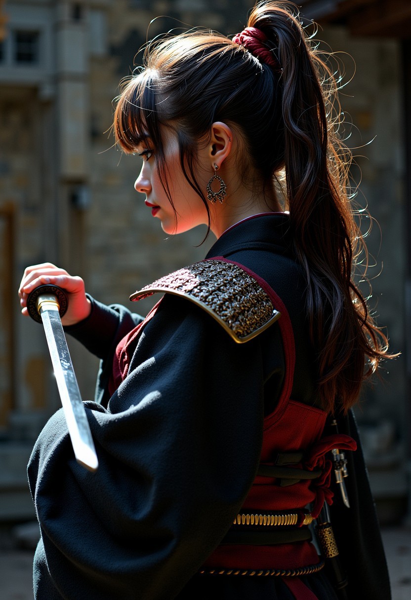 female japanese samurai, ponytail, kimono with a samurai pauldron, chiascuro, silhoutetted, katana, directional lighting, masterpiece, perfect composition, perfect hands, cowboy shot. mythp0rt