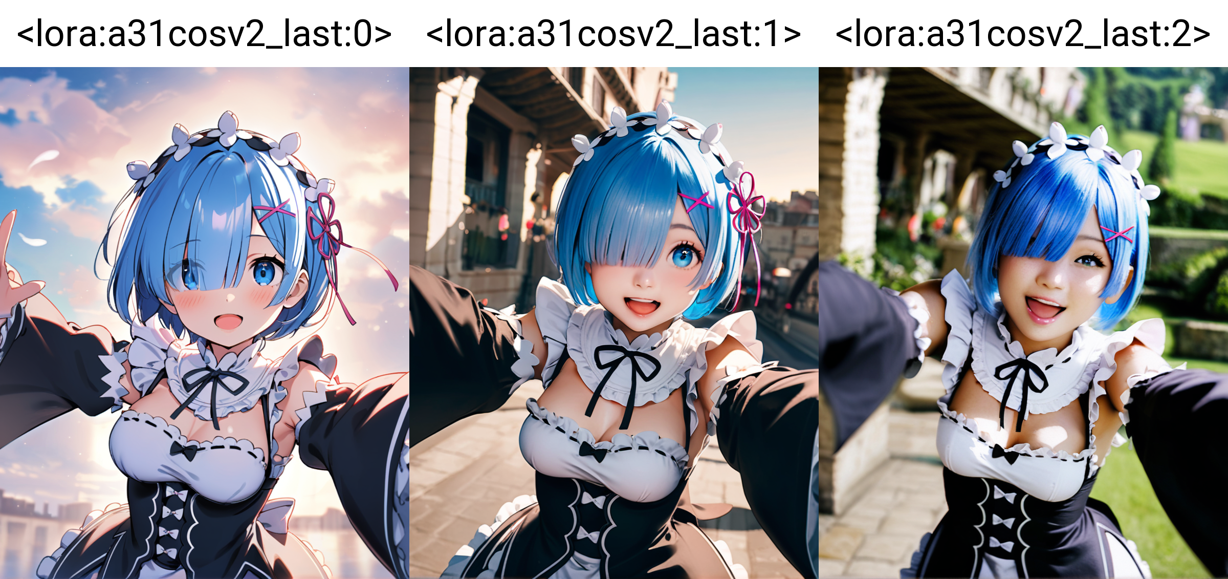 masterpiece, best quality, <lora:a31cosv2_last:0>,
1girl, rem \(re:zero\), re:zero kara hajimeru isekai seikatsu,blue hair, solo, blue eyes, short hair, roswaal mansion maid uniform, maid, hair ornament, open mouth, detached sleeves, smile, ribbon, looking at viewer, sky, maid headdress, cloud, hair ribbon, medium breasts, outstretched arms, breasts, :d, x hair ornament, outdoors, frills, dress, pink ribbon, underbust, upper body, feathers, apron, hair over one eye, outstretched hand