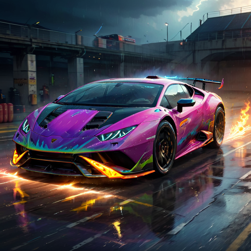 HuracánCar,sports car,masterpiece, <lora:Huracán_XL:0.8>,multi color,
with flames, photorealistic, high-tech, cyberpunk ,racing, light trails, masterpiece, rain, fast, 4k, storm