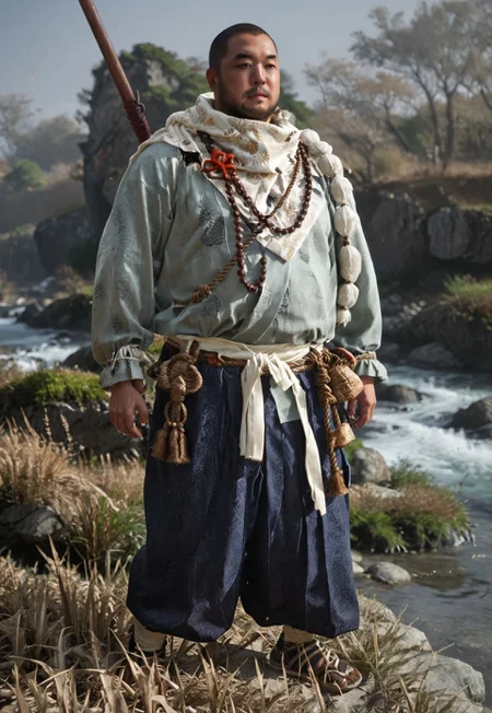 Zpdxl3, Score_7_up, score_8_up, full body, solo male,
BREAK,
1boy, Norio, shaved head, stubble, Japanese clothing, spear, weapon on back, hands on hips, looking offscreen, outdoors, daytime,