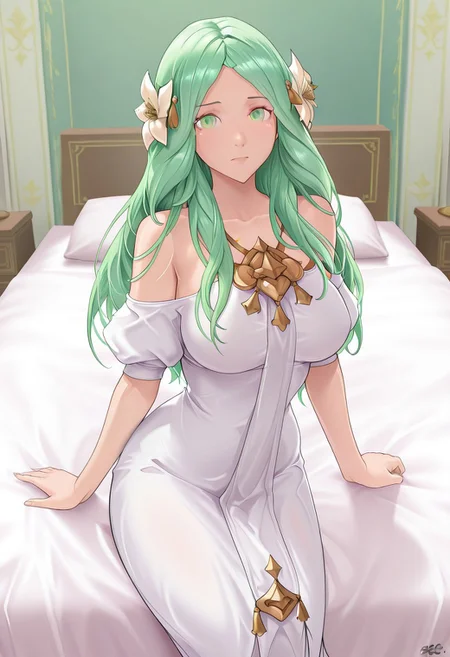 masterpiece, best quality, DeepRising_style,
  1girl, solo, SnowRhea, long hair, green hair, hair flower, hair ornament, green eyes, white dress, bare shoulders, large breasts,
looking at viewer
bed, bedroom, perfect anatomy,