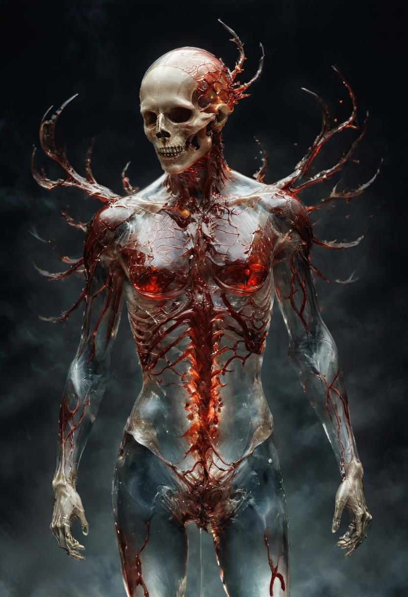 Illustrate the imminent culmination of a transparent human form being sculpted from the delicate fusion of Blood, flesh and bones capturing the ethereal moment just before its completion, where the merging elements hint at the finality of a harmonious synthesis.
very detailed, hd, RAW photograph, masterpiece, top quality, best quality, official art,highest detailed, atmospheric lighting, cinematic composition, complex multiple subjects, 4k HDR, vibrant, highly detailed, Leica Q2 with Summilux 35mm f/1.2 ASPH, Ultra High Resolution, wallpaper, 8K, Rich texture details, hyper detailed, detailed eyes, detailed background, dramatic angle, epic composition, high quality , (8k, RAW photo, highest quality), hyperrealistic,