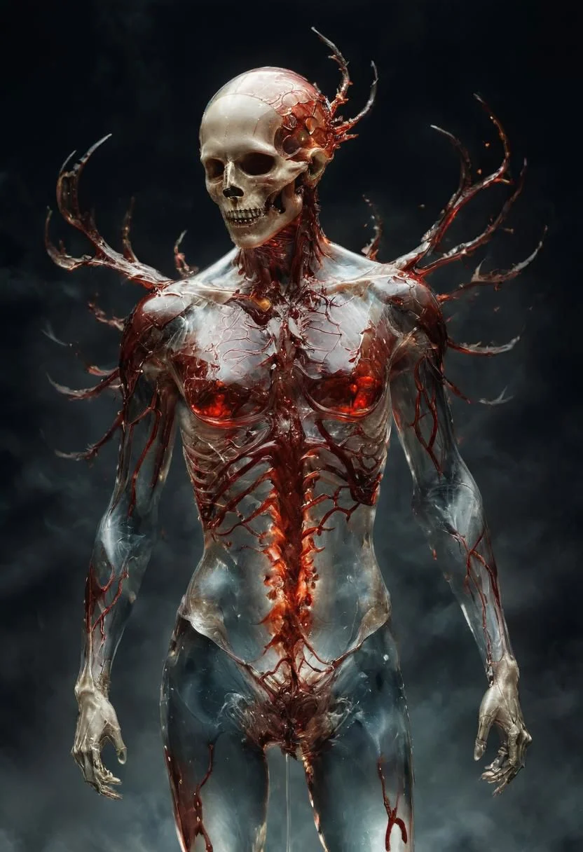 Illustrate the imminent culmination of a transparent human form being sculpted from the delicate fusion of Blood, flesh and bones capturing the ethereal moment just before its completion, where the merging elements hint at the finality of a harmonious synthesis.
very detailed, hd, RAW photograph, masterpiece, top quality, best quality, official art,highest detailed, atmospheric lighting, cinematic composition, complex multiple subjects, 4k HDR, vibrant, highly detailed, Leica Q2 with Summilux 35mm f/1.2 ASPH, Ultra High Resolution, wallpaper, 8K, Rich texture details, hyper detailed, detailed eyes, detailed background, dramatic angle, epic composition, high quality , (8k, RAW photo, highest quality), hyperrealistic,