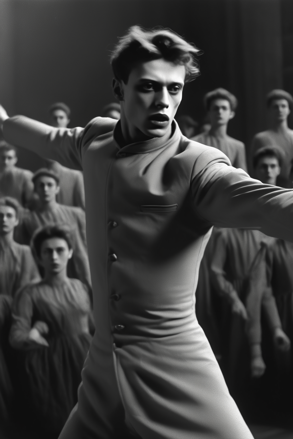 <lora:Director Krzysztof Kieslowski style:1>Director Krzysztof Kieslowski style - black and white photo of a young Soviet man performing Vsevolod Meyerhold's biomechanical dance during the Bolshevik Revolution, evoking the revolutionary spirit and avant-garde experimentation of the time, with a stark and dramatic contrast, shot on a Nikon F3 camera with Ilford HP5 Plus film and a 50mm f 1.4 lens, directors: cinematographer: photographer: fashion designer: Comme des Garons