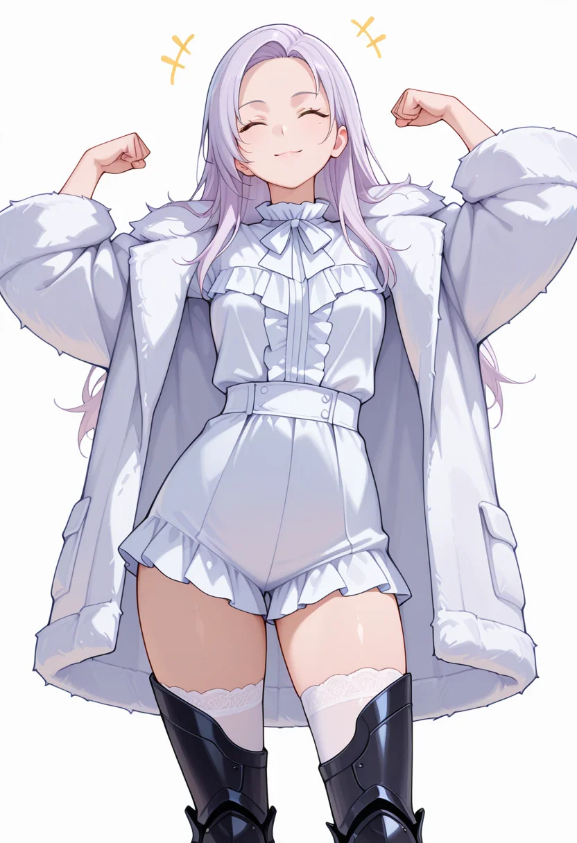 Smooth Quality,masterpiece,very intricate, high quality details, ultra realistic, high detailed skin,detailed enviorement,absurdres,
flexing,
 <lora:Kate_Takayama_CNR:0.8> kate_cnr, 1girl,light purple  hair, long hair, aqua eyes, mole under eye,, simple background, white background, dynamic angle,solo,, ^ ^,, frilled shirt,fur coat,socks over thighhighs,  ,armored legwear,