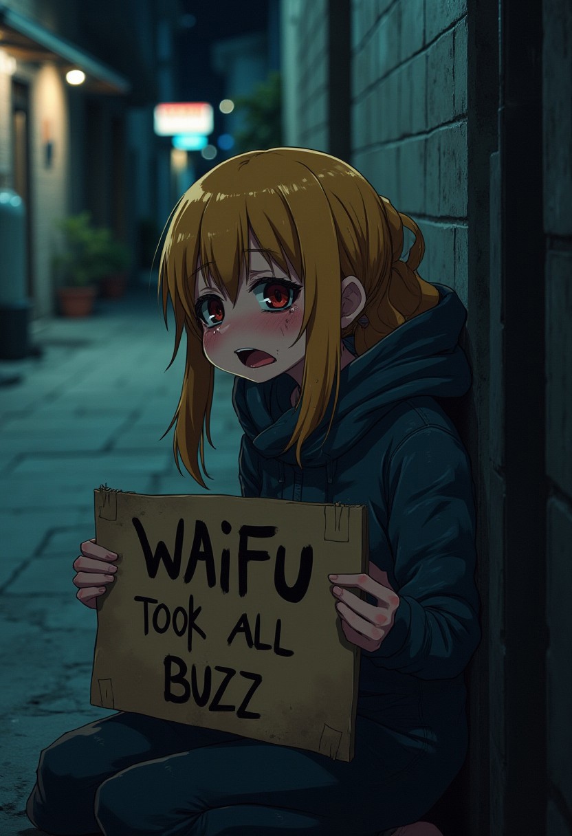 japanase anime style a homeless gyaru woman, dirty blonde hair and smeared makeup, looks scared, crying,  dark night alleyway at night, cinematic lighting, sitting against a wall. She is holding a cardboard sign that reads, "waifu took all my buzz"