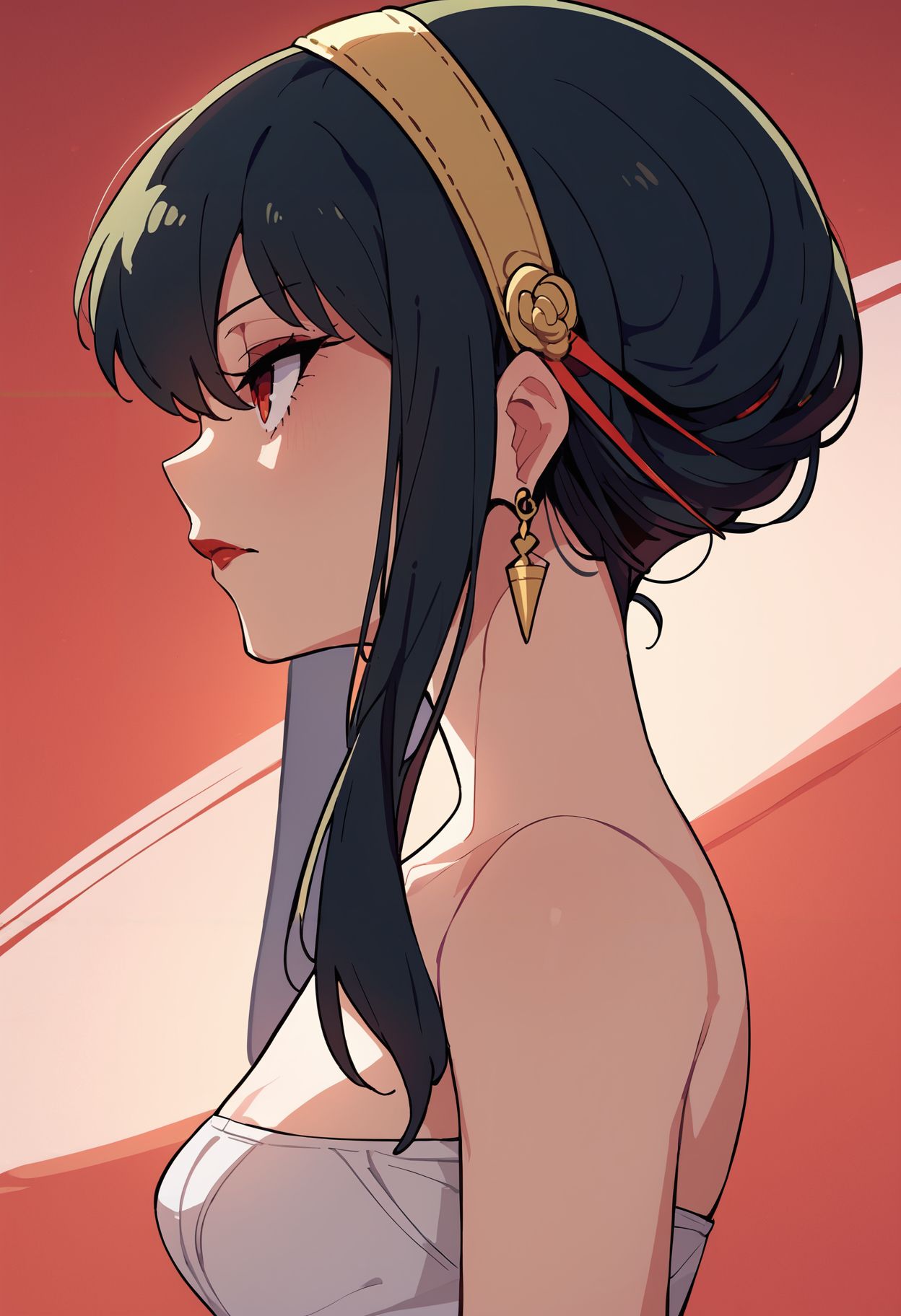 score_9,score_8_up,core_7_up, <lora:haku3490_style_pdxl_goofy:1>yor briar, 1girl, bare arms, black hair, breasts, earrings, from side, hairband, jewelry, looking to the side, red background, red eyes, red lips, short hair with long locks, sidelocks, small breasts, solo, upper body, yellow hairband