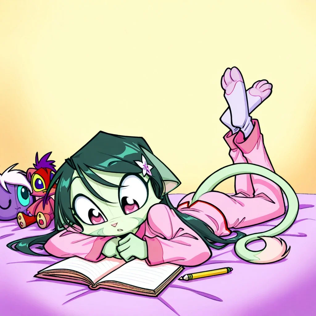 score_9, score_8_up, score_7_up,lilith_calah,
1girl,solo,furry,tail,dark green hair, source_furry,
,<lora:lilith_calah_illustrious:0.8>,
child, kid,
pajamas, star_hair_clips, lying_on_stomach, stuffed_animals, galaxy_projector, notebook_doodling, socks_with_paws, curious_expression
