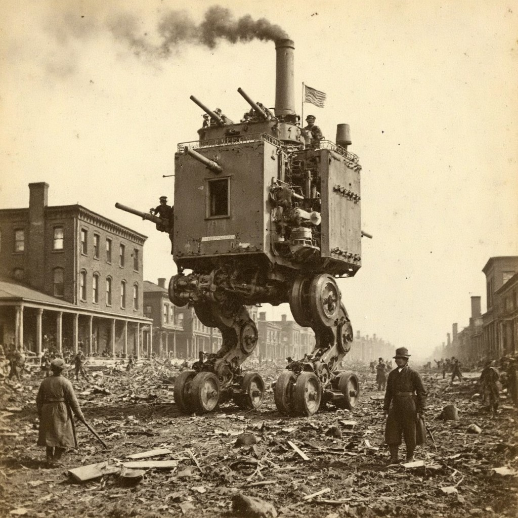An aged worn sepia monochrome 1800s photograph of a steam powered mecha, turret with large canon, armless, no arms, walking robot, smokestacks up top, thick black smoke, walking through a war-damaged city, Civil War era soldiers with rifles scouting