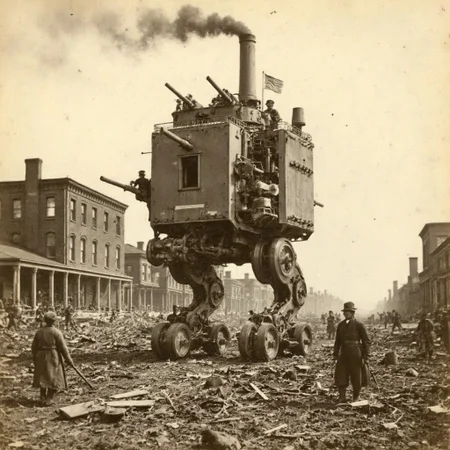 An aged worn sepia monochrome 1800s photograph of a steam powered mecha, turret with large canon, armless, no arms, walking robot, smokestacks up top, thick black smoke, walking through a war-damaged city, Civil War era soldiers with rifles scouting