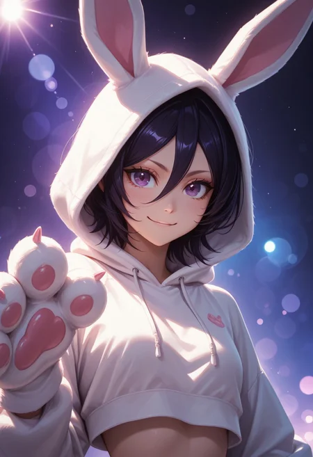 score_9, score_8_up, score_7_up, dynamic view, eye_focus, solo, 1girl, masterpiece, best quality, bokeh, luminescent background,
bcrka, black hair, short hair, hair between eyes, dark purple eyes
amazing quality, aesthetic, absurdres, best quality, 4k, cropped hoodie, paw gloves, rabbit hood, playful smile
