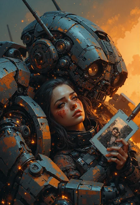 masterpiece, high-quality, hyperdetailed, refined details, best quality, high resolution, In the aftermath of a colossal battle, a lone mecha pilot slumps against the charred hull of her fallen robot. Sparks fizz and embers glow in the smoke-filled twilight, illuminating the haunted exhaustion etched across her face. Her cybernetic tattoos pulse dimly, each flicker hinting at her bond with the now-silent machine. Tears and soot streak her cheeks as she clutches a tattered photograph of her loved ones. The camera frames her from a medium-low angle, capturing the staggering size of the mech behind her and the raw emotional weight of loss and duty that radiates from her trembling figure, <lora:FLUX\Anime v1.3:0.5> <lora:FLUX\Emberveil digital painting:0.8>