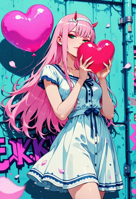 masterpiece, best quality, good quality, very aesthetic, absurdres, newest, 8K, depth of field, focused subject, in the style of cknc, artist:moriimee, in the style of cksc, hrtdrp, Hearts Drips, BREAK
Zero Two (Darling in the Franxx, summer dress, holding heart-shaped floating balloons by a string, walking past a wall with anime graffiti under sakura trees, ((falling sakura petals)), outdoors