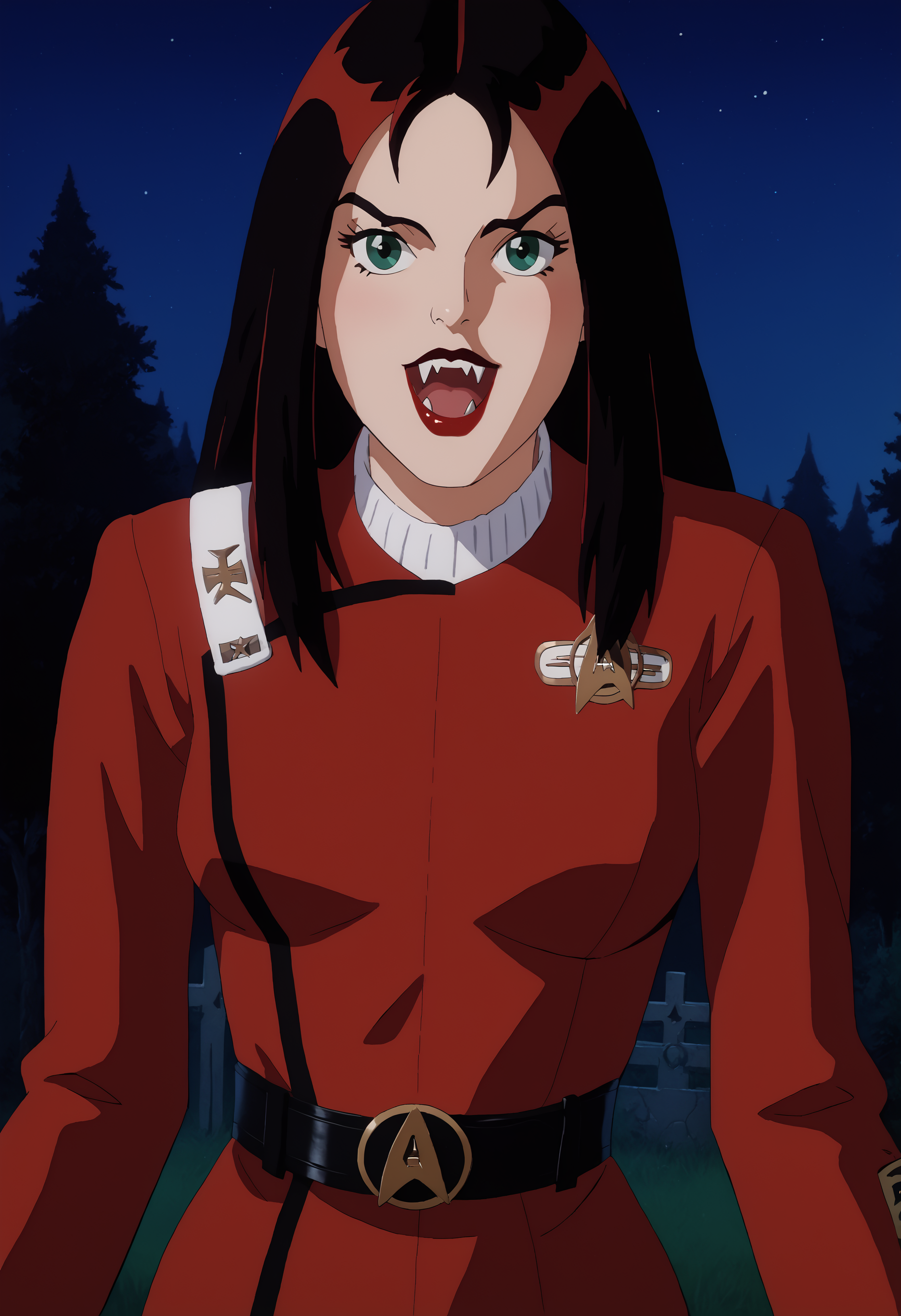 score_9,score_8_up, score_7_up,
hexthorn, 1girl, solo, long black hair with red highlights,long hair, green eyes,
, lipstick,
graveayrd scenerey,tombstones,
open mouth, fangs, pointy teeth, vampire, outdoors, night, night sky, trees,
retro_artstyle, cartoon, source_cartoon, lowres, 1990s_style,
<lora:Thorn_The_Hex_Girls:0.9>
twokunf,star trek red uniform intendation,long sleeves,black belt<lora:TWOKpony>